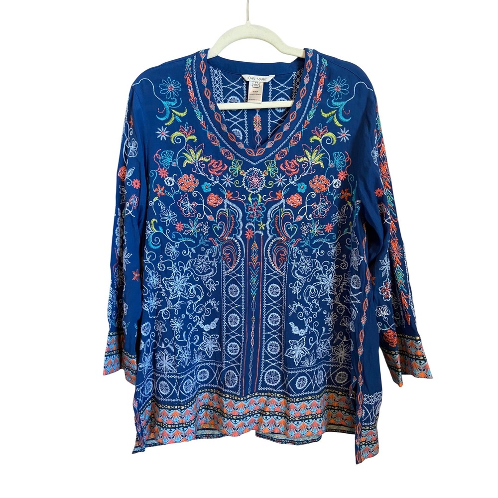 John Mark Blue Embroidered Floral Geometric Tunic Top Long Sleeve V-Neck Medium